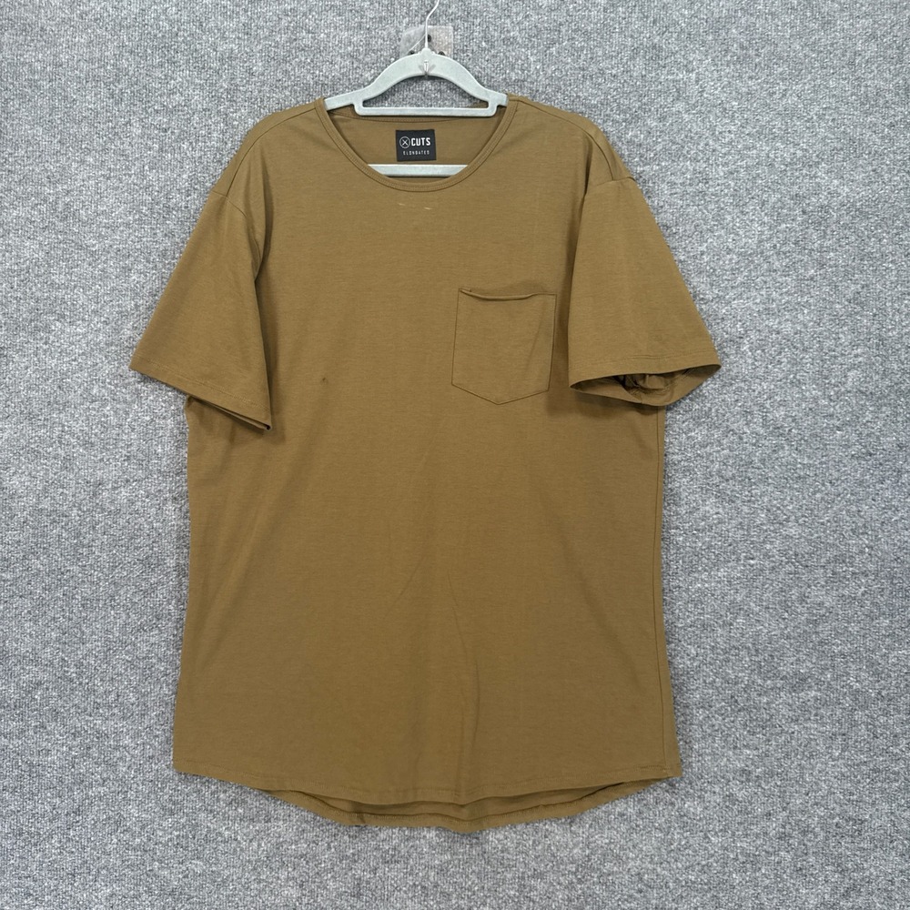 Cuts Tshirt Mens XL Brown/Green Pocket Curved Hem Elongated Short Sleeve Tee